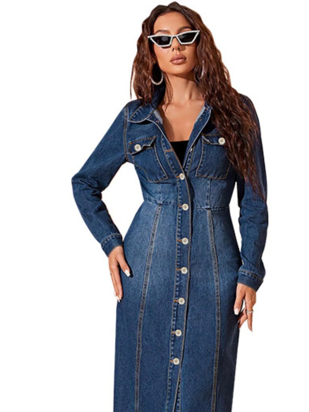 Women's Long Denim Duster Coat Dress L – Dark Blue Maxi Jean Cardigan